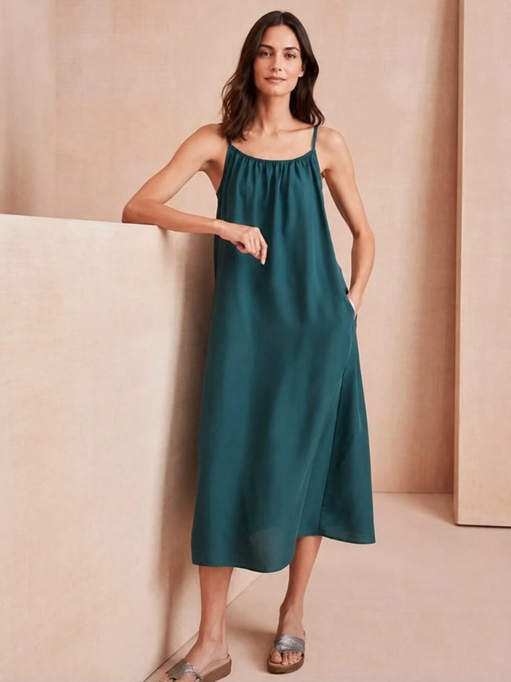 NWT Eileen Fisher Washed Silk Cami Dress Aegean